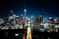 Cityscape of illuminated streets and buildings of Austin at night in Texas