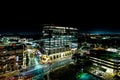 Cityscape of illuminated streets and buildings of Austin at night in Texas