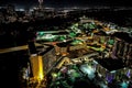 Cityscape of illuminated streets and buildings of Austin at night in Texas