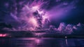 Cityscape illuminated under a mesmerizing purple lightning storm in the night sky