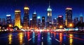 Cityscape illustration depicting a vibrant, illuminated skyline at night. Tall