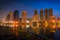 Cityscape image of Benchakitti Park at night in Bangkok Royalty Free Stock Photo