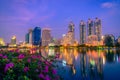 Cityscape image of Benchakitti Park at night sky in Bangkok