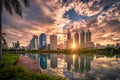 Cityscape image of Benchakitti Park at sunrise in Bangkok, Thailand