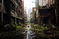 A cityscape image featuring decaying buildings, overgrown vegetation, and a sense of abandonment, illustrating the theme of urban