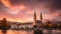 Cityscape image of Zurich with colorful sky, during dramatic sunset, generative ai