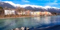 Cityscape of Innsbruck city center with beautiful houses, river Inn and Tyrolian Alps, Austria, Europe Royalty Free Stock Photo