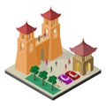 Cityscape in isometric view. Fortress wall, benches, trees, parking, cars and people