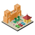 Cityscape in isometric view. Fortress wall, benches, trees, parking, cars and people