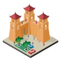 Cityscape in isometric view. Fortress wall, towers, benches, trees, cars and people