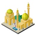 Cityscape in isometric view. Mosque with minaret, urban building, trees, benches, car and people