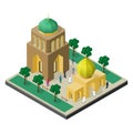 Cityscape in isometric view. Temple, urban building, alley with trees, benches and people