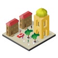 Cityscape in isometric view. Temple, urban buildings, trees, car and people