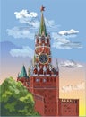 Cityscape of Kremlin Spasskaya tower Red Square, Moscow, Russia. Colorful isolated vector hand drawing illustration