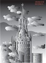 Cityscape of Kremlin Spasskaya tower Red Square, Moscow, Russia isolated vector hand drawing illustration in black and white