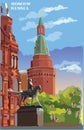 Cityscape of Kremlin tower, State Historical Museum and Monument to Marshal Zhukov Red Square, Moscow, Russia colorful isolated