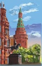 Cityscape of Kremlin tower, State Historical Museum and Monument to Marshal Zhukov Red Square, Moscow, Russia. Colorful isolated