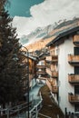 Cityscape and Landscape Scenery View of Zermatt City, Switzerland. Beautiful Urban Architecture and Natural Hill Scenic View of