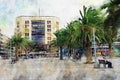 Cityscape of Las Palmas de Gran Canaria in Summer time. Watercolor illustration