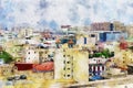 Cityscape of Las Palmas de Gran Canaria in Summer time. Watercolor illustration