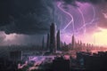 A cityscape with lightning striking the city during a storm Royalty Free Stock Photo