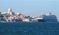 Beautiful cityscape panorama of Lisbon seen from Tejo river with Mein ship cruise ship Royalty Free Stock Photo