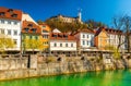 Cityscape of Ljubljana on a sunny day. Colorful historical buildings along the Ljubljanica River, Slovenia