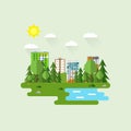 Cityscape with a lot of sky scrapers in summer in the park area. Vector illustration in modern flat style. Buildings and business Royalty Free Stock Photo