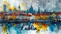 Cityscape of Lublin, Poland with watercolor painting