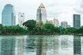 Cityscape of Lumpini Park with skyscrapers, lake and green trees at daytime. Bangkok, Thailand Royalty Free Stock Photo