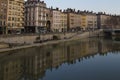 Cityscape of Lyon city by the river with building reflections on the water