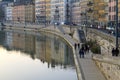 Cityscape of Lyon city by the river with building reflections on the water