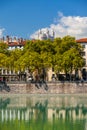 Cityscape of Lyon, France with reflections in the water Royalty Free Stock Photo