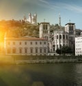 Cityscape of Lyon, town in France at riverside Saone at sunny da