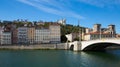 Cityscape of Lyon, town in France at riverside Saone at sunny day