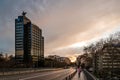 Cityscape of Madrid at sunset. Juan Bravo bridge over Castellana avenue