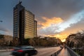 Cityscape of Madrid at sunset. Juan Bravo bridge over Castellana avenue