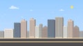 Cityscape with main street and sky background illustration.Buildings landscape. Daytime cityscape in flat style.Modern city