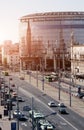 Cityscape of Minsk, Belarus. Summer season and sunset time. View of central Avenue and Central station