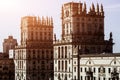 Cityscape of Minsk, Belarus. Summer season and sunset time. View of central Avenue and Central station. Twin Towers