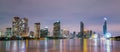 Cityscape of modern building near the river in the night. Modern architecture office building. Skyscraper with evening sky. Royalty Free Stock Photo