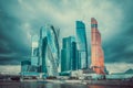 Cityscape of modern skyscrapers of Moscow City with dramatic cloudy sky Royalty Free Stock Photo