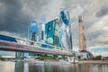 Cityscape of modern skyscrapers in Russia. The Moscow City on a cloudy summer day. Royalty Free Stock Photo