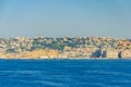 Napoli,Campania/Italy-July 17, 2019: Cityscape of Naples and Egg Castle in Italy. View from the sea