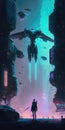 Cityscape Neon Lights Robot Drones Landscape Mobile Wallpaper. Generative AI