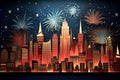 Cityscape of New York City with fireworks in the night. Vector illustration. Generative AI Royalty Free Stock Photo