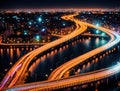 A cityscape at night with bridges, buildings, and lights. Royalty Free Stock Photo