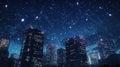 Night City with Glowing Stars and Lines Connect Skyscrapers, Futuristic Royalty Free Stock Photo
