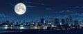 A cityscape at night with a large blue moon in the sky. Royalty Free Stock Photo