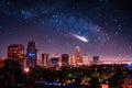 Cityscape at night with a meteor shower brightening the starry sky, symbolizing urban astronomy